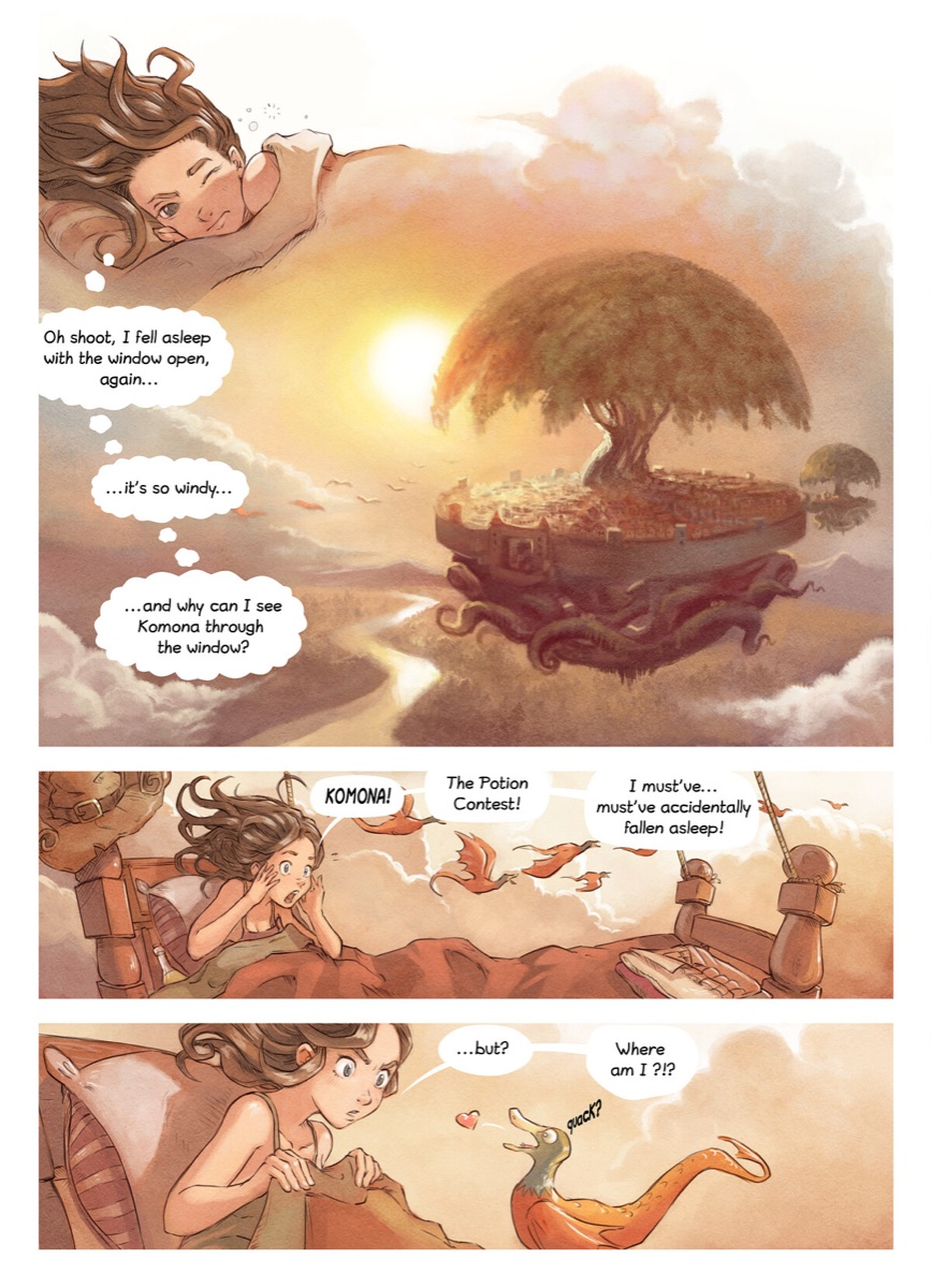 A page from Pepper and Carrot episode 6: Pepper wakes above a floating town.